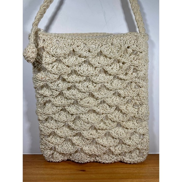 Retro Shoulder Bag Raffia Basket Design Handmade Summer Beach Purse Pearls - Picture 1 of 10